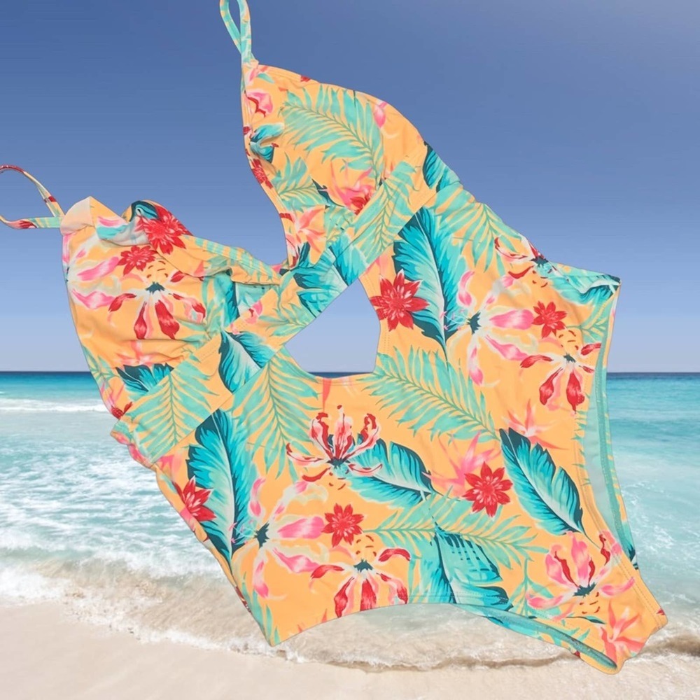 Feathers and Floral Bright XL Swimsuit. California. Sunshine. - Picture 2 of 14